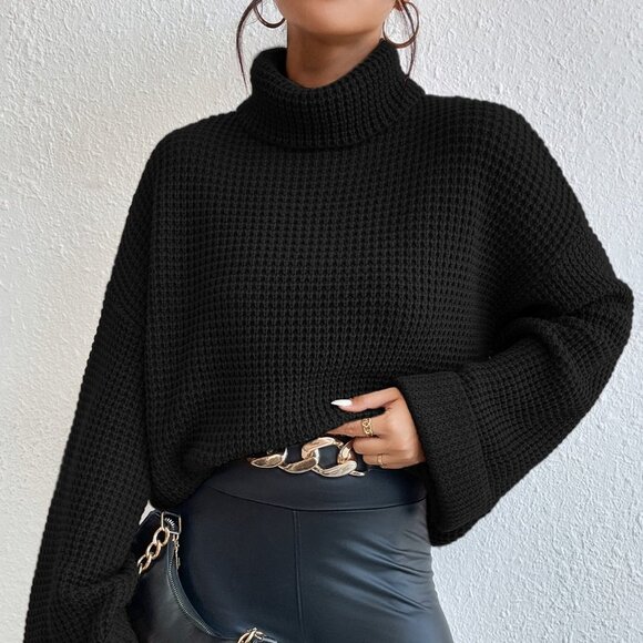 Black Casual Womens Turtleneck Drop Shoulder Waffle Knit Sweater - Picture 5 of 5